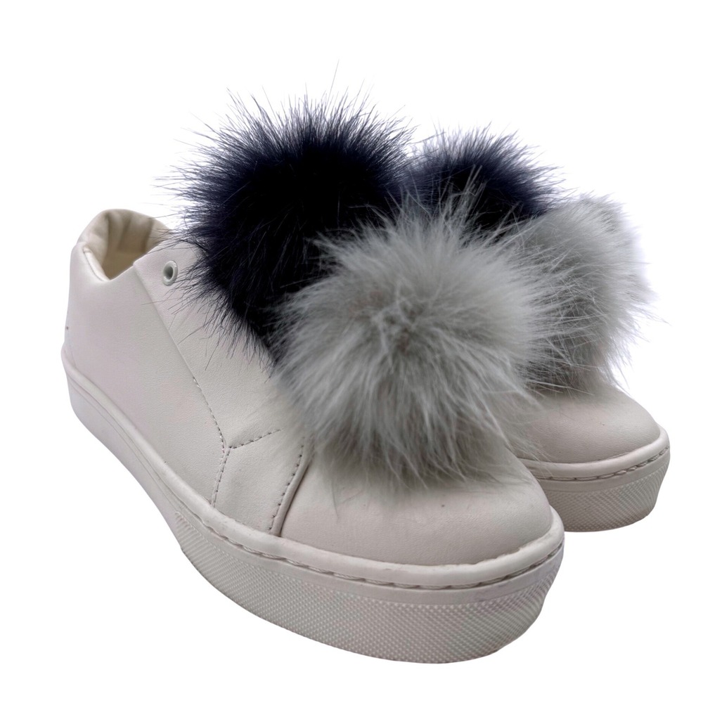 Sam Edelman Leya Sneakers Womens 8M White Excellent Faux Fur Pom Pom Platform